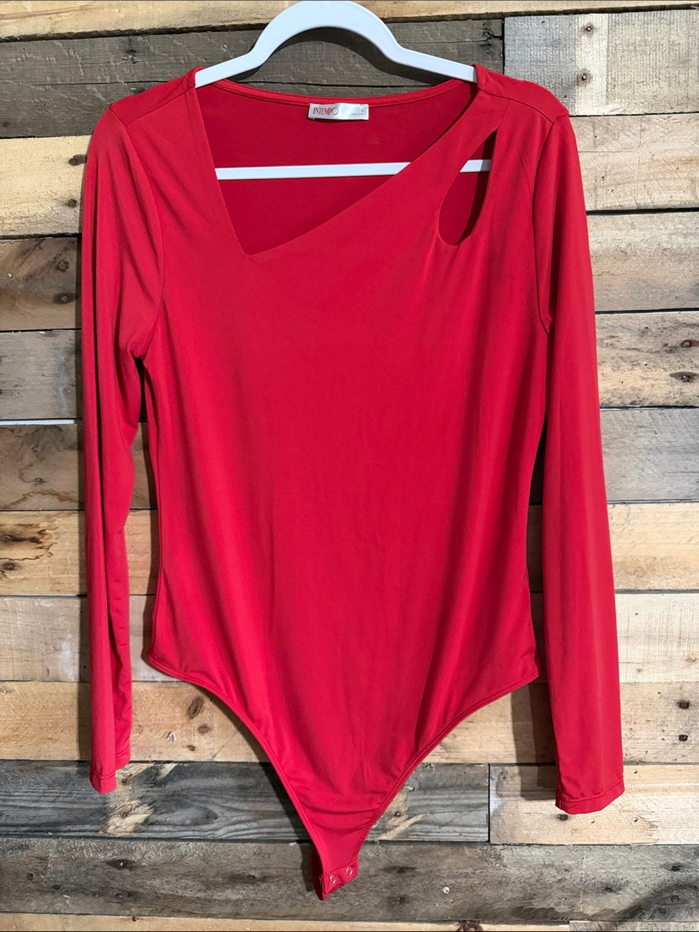 Asymmetric Red Long-Sleeve Bodysuit with Shoulder Cutout